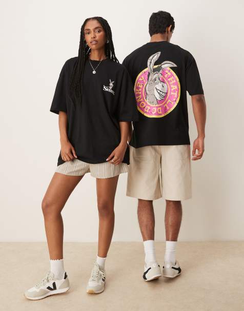ASOS DESIGN Dreamworks unisex oversized t-shirt with Shrek Donkey prints in black