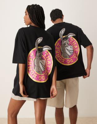 Asos Design Dreamworks Unisex Oversized T-shirt With Shrek Donkey Prints In Black