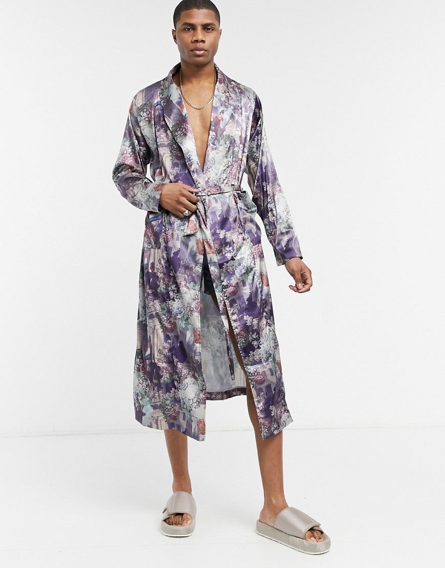 ASOS DESIGN dressing gown co-ord in printed satin-Multi