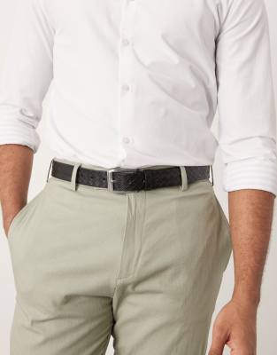 dressy belt with embossed woven pattern in black faux leather