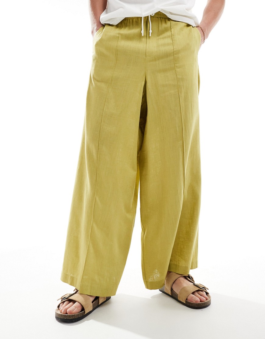 Asos Design Dressy Extreme Wide Leg Linen Blend Pants In Chartreuse-green In Gold