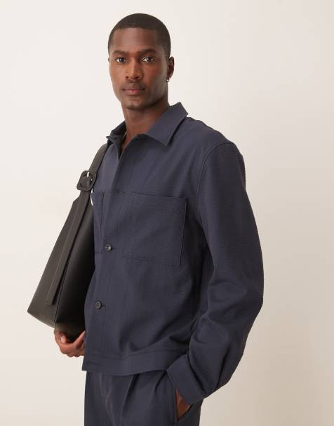 ASOS DESIGN dressy harrington jacket in black seersucker - part of a set - view 1