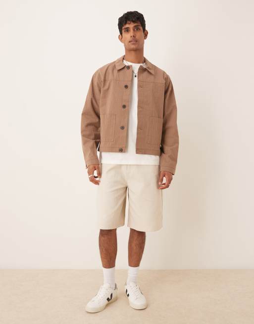 ASOS DESIGN dressy harrington jacket in brown seersucker - part of a set