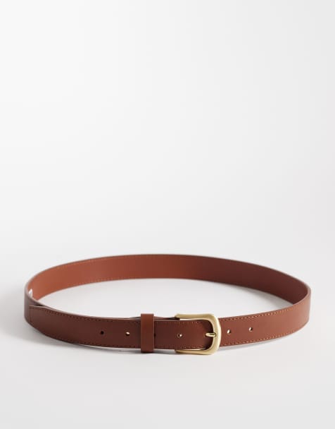 ASOS DESIGN dressy leather belt with rounded edge gold-tone buckle in tan - view 1