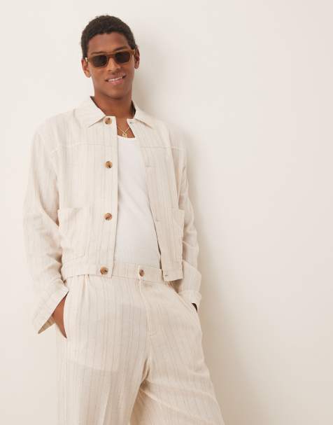ASOS DESIGN dressy linen mix harrington jacket in stone pinstripes - part of a set - view 1
