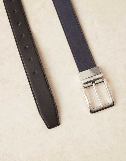 ASOS DESIGN dressy reversible belt in black and navy faux leather, 2 of 3