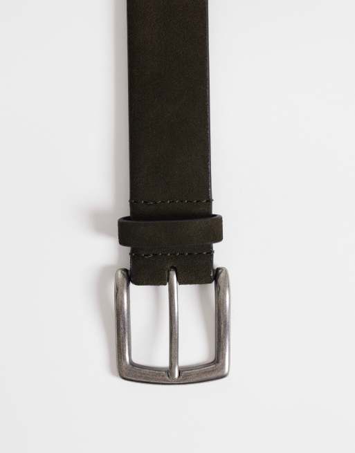 ASOS DESIGN dressy suede belt with silver-tone buckle in khaki green, 2 of 3