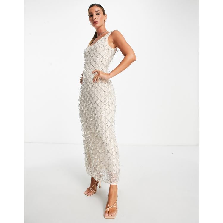 ASOS DESIGN dripped jewel embellished midi dress in nude | ASOS