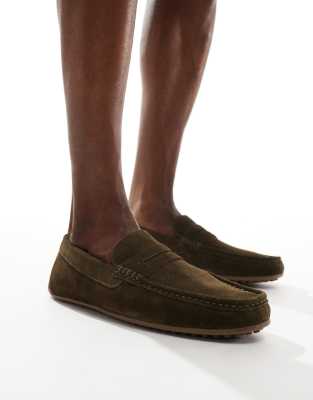 ASOS DESIGN driver loafers in khaki suede-Green