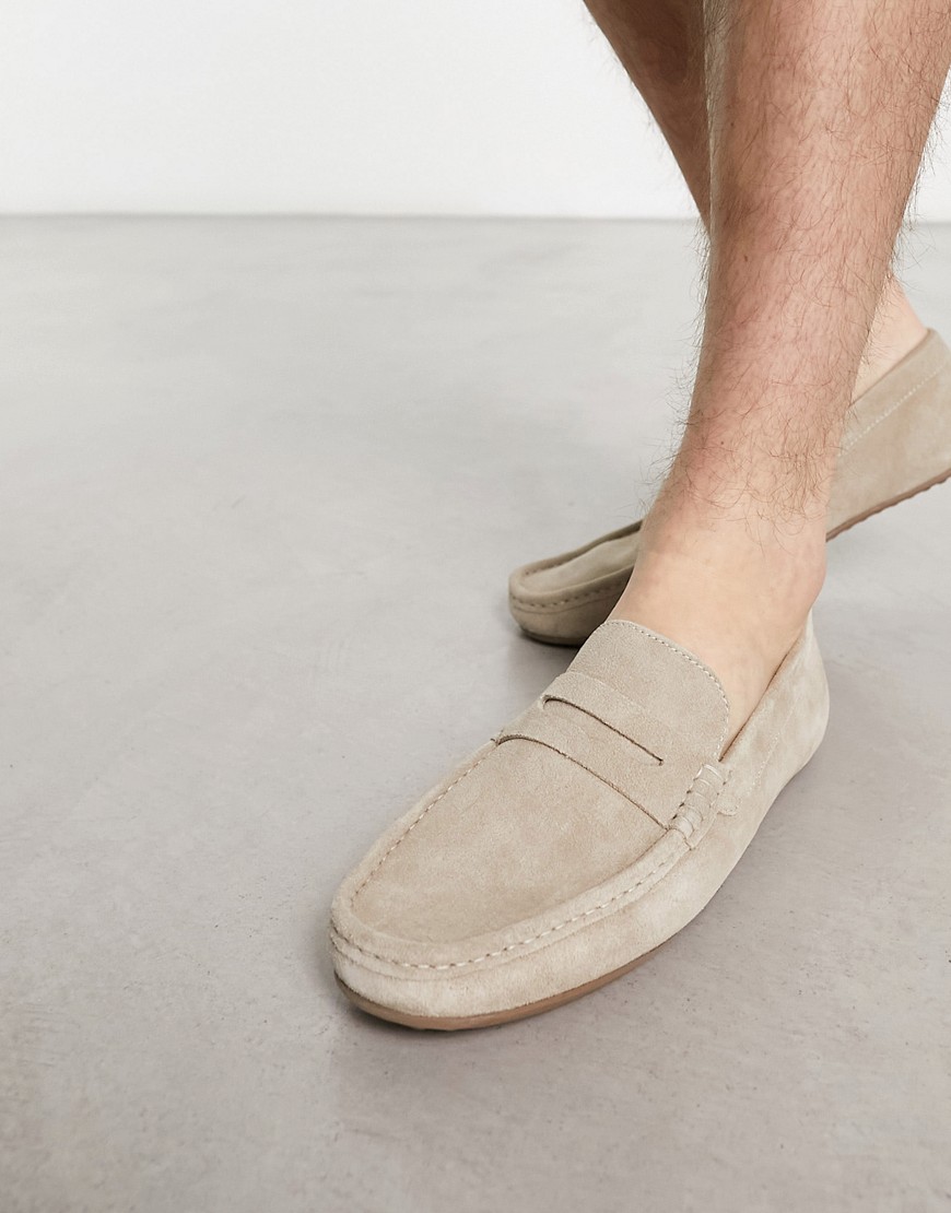 Asos Design Driver Loafers In Stone Suede-neutral