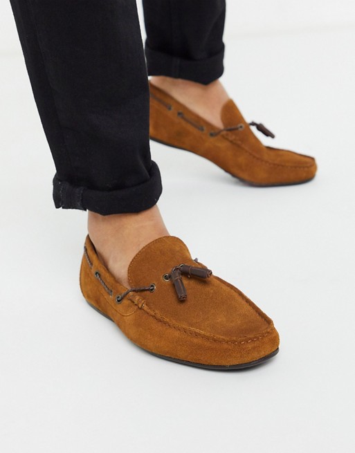 ASOS DESIGN driving shoes in tan suede with lace detail