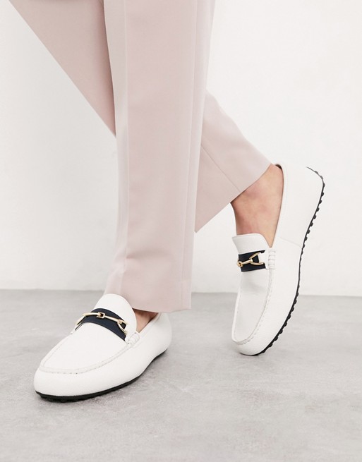 ASOS DESIGN driving shoes in white faux leather and tape detail