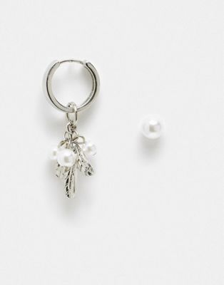 ASOS DESIGN drop and stud earrings set with faux pearl and leaf design in silver tone