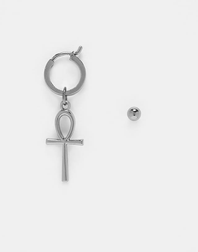 ASOS DESIGN drop and stud earrings with ankh detail in gunmetal