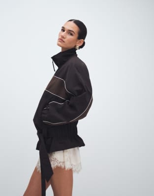 Asos Design Drop Belt Funnel Tech Track Jacket In Black