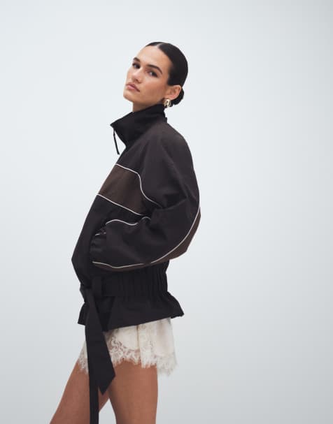 ASOS DESIGN drop belt funnel tech track jacket in chocolate - view 1