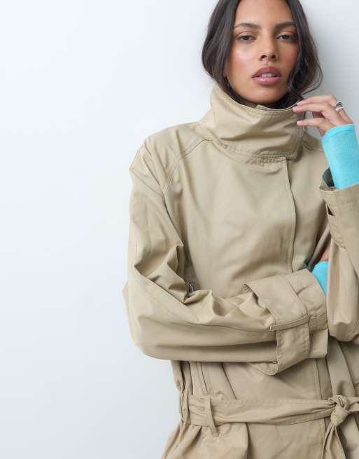 ASOS DESIGN drop belt mid length trench coat in stone, 4 of 4