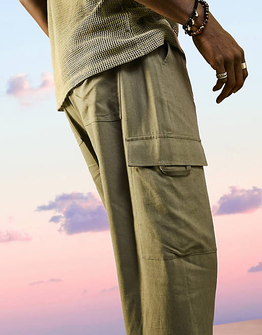 Men drop crotch cargo linen mix trousers in khaki 