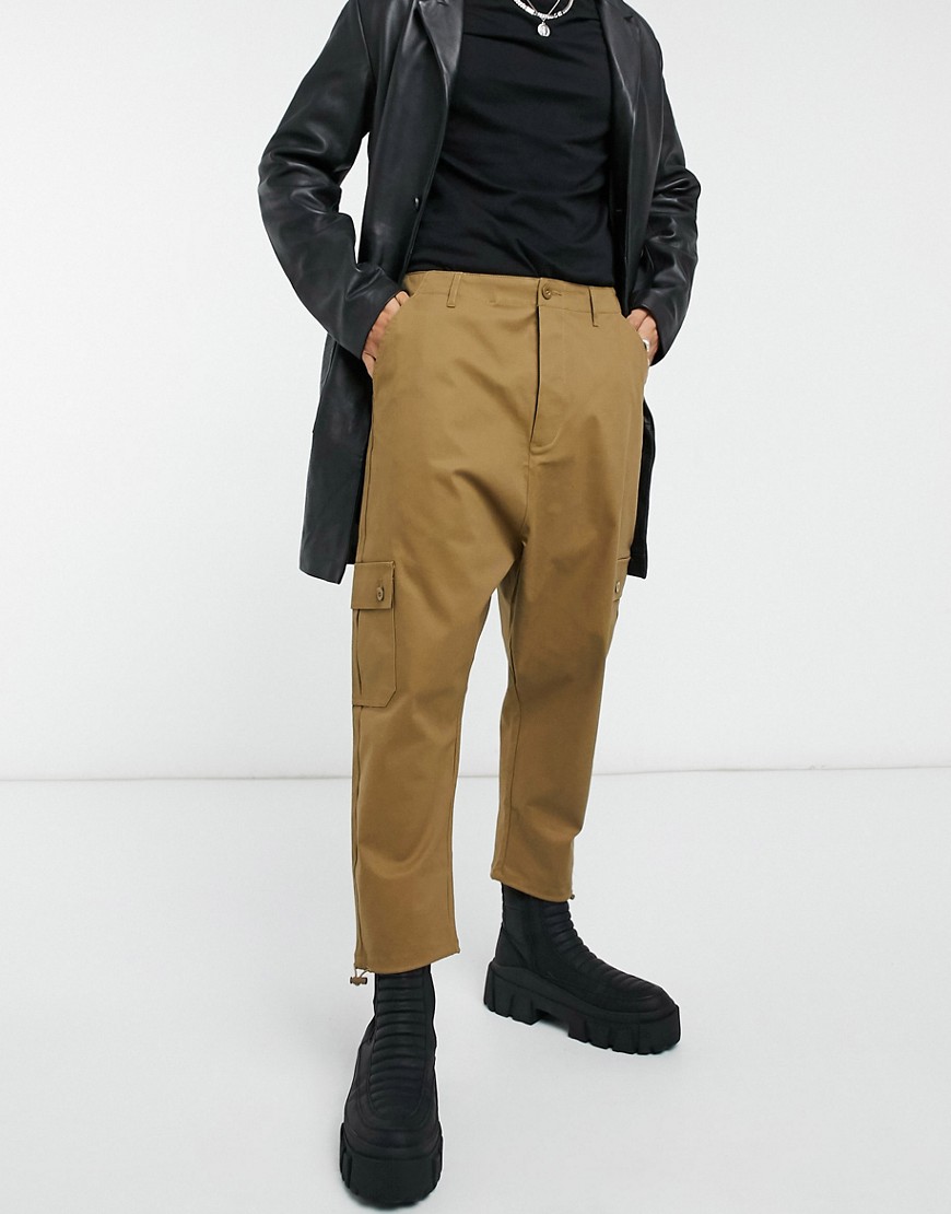 ASOS DESIGN drop crotch cargo pants in brown with toggles-Green