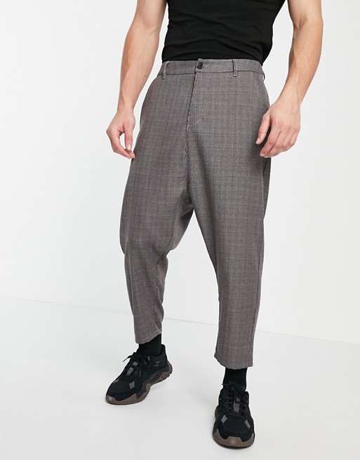 ASOS DESIGN drop crotch cargo micro check trousers in grey