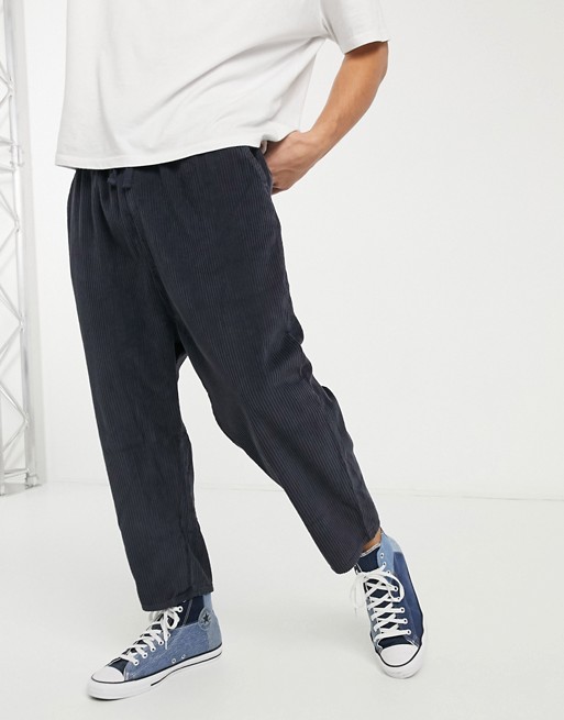 ASOS DESIGN drop crotch cord trousers in navy