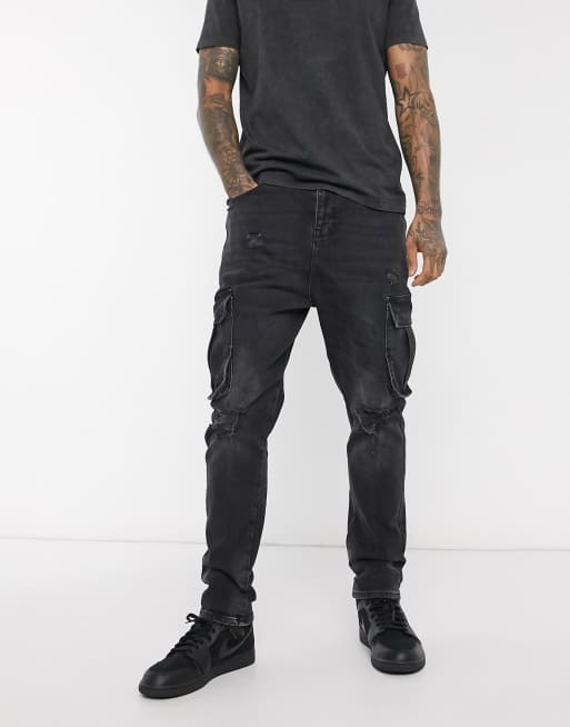 ASOS DESIGN drop crotch jean with cargo pocket in washed black ASOS