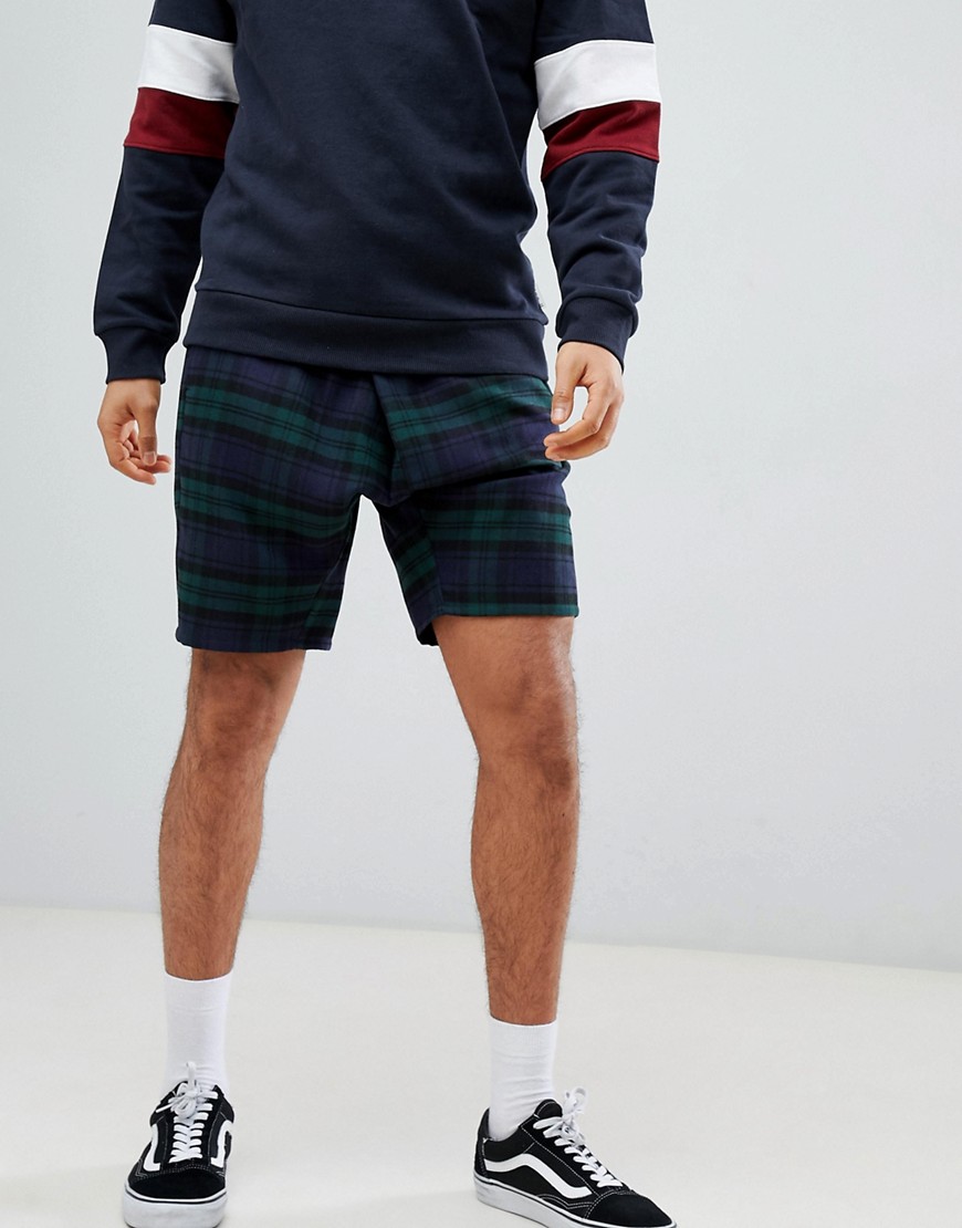 ASOS DESIGN Drop Crotch Shorts In Check With Asymmetric Front-Navy