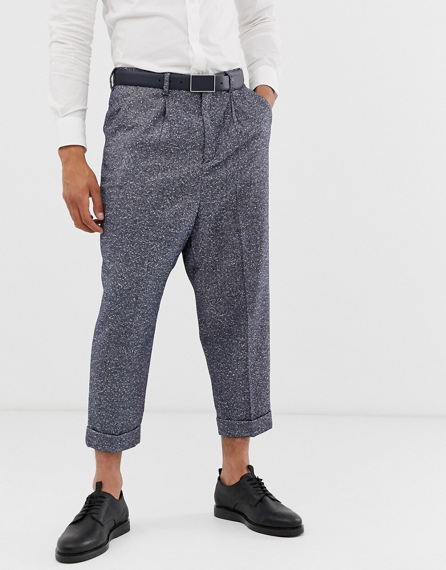 ASOS DESIGN drop crotch tapered smart trouser in blue herringbone with turn up-Navy