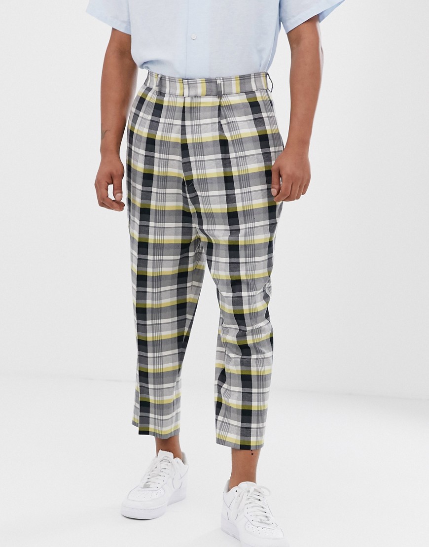 ASOS DESIGN drop crotch tapered smart trousers in grey check