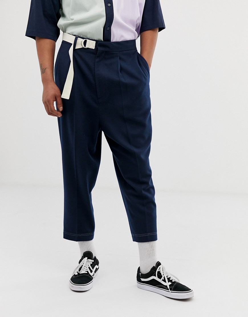 ASOS DESIGN drop crotch tapered smart trousers in navy with d-ring belt