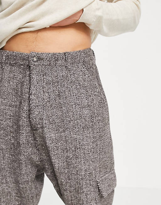 Men drop crotch trousers in grey herringbone 
