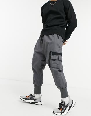 Asos Design Drop Crotch Trousers With Ma1 Pocket And Jersey Cuff-grey