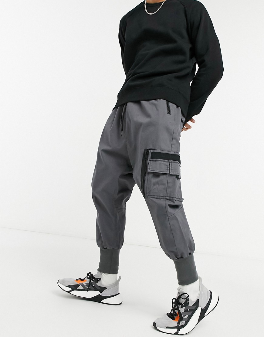 ASOS DESIGN drop crotch trousers with MA1 pocket and jersey cuff-Grey