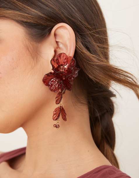 ASOS DESIGN drop earrings in floral design in burgundy - view 1