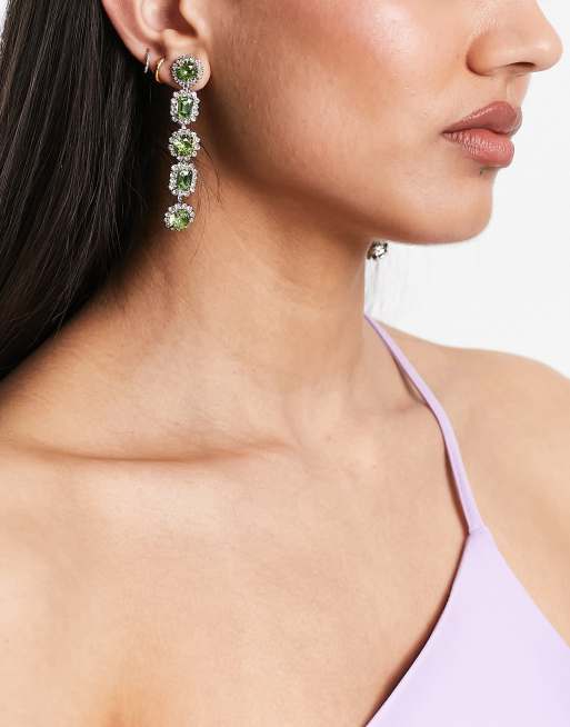 ASOS DESIGN drop earrings in mixed green crystal drench linear