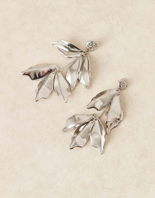 ASOS DESIGN drop earrings in oversized petal design in silver tone, 2 of 3
