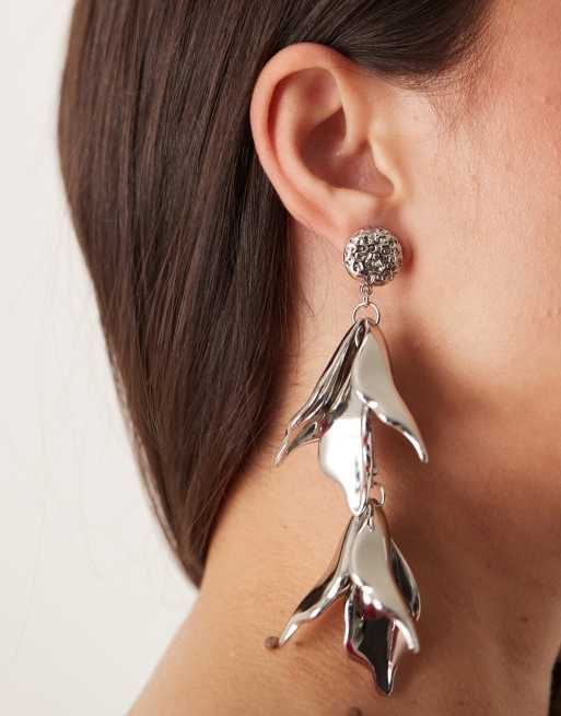 ASOS DESIGN drop earrings in oversized petal design in silver tone, 3 of 3