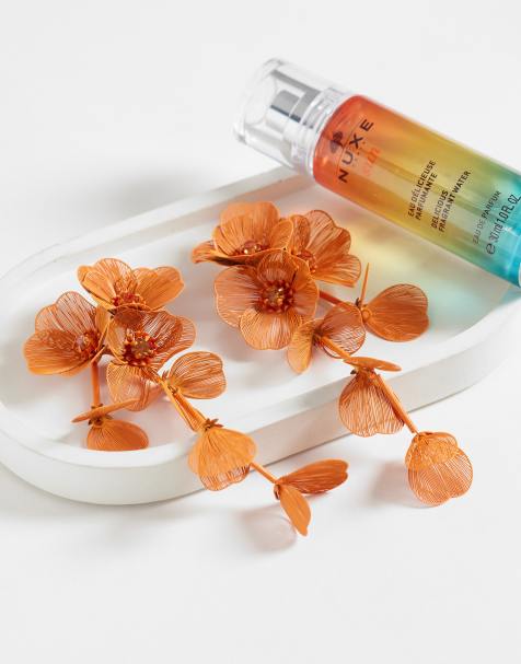 ASOS DESIGN drop earrings with 3D floral design in bright orange - view 1