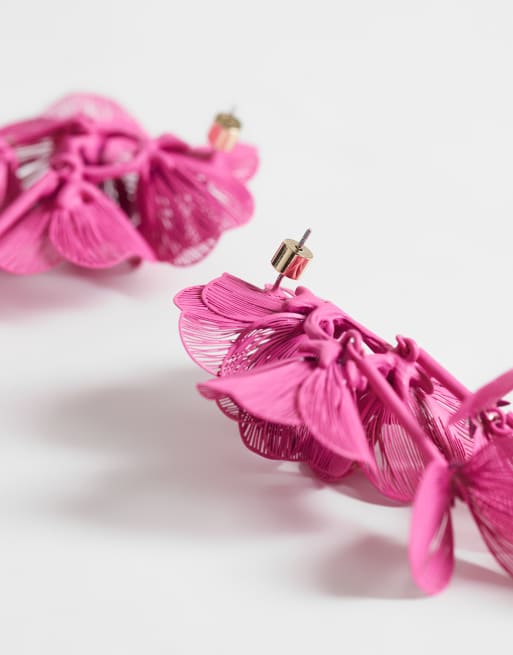 ASOS DESIGN drop earrings with 3D floral design in bright pink, 3 of 4