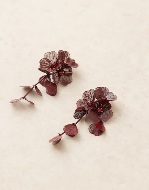 ASOS DESIGN drop earrings with 3D floral design in burgundy