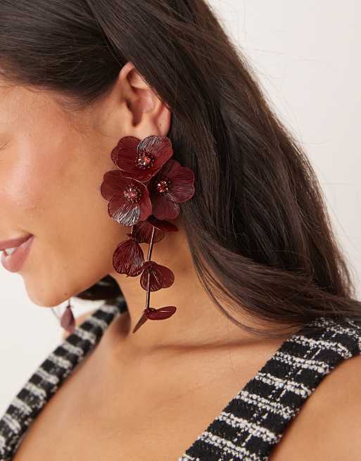 ASOS DESIGN drop earrings with 3D floral design in burgundy