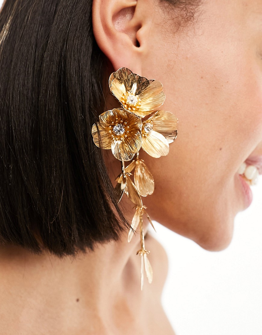 ASOS DESIGN drop earrings with 3D floral design in gold tone