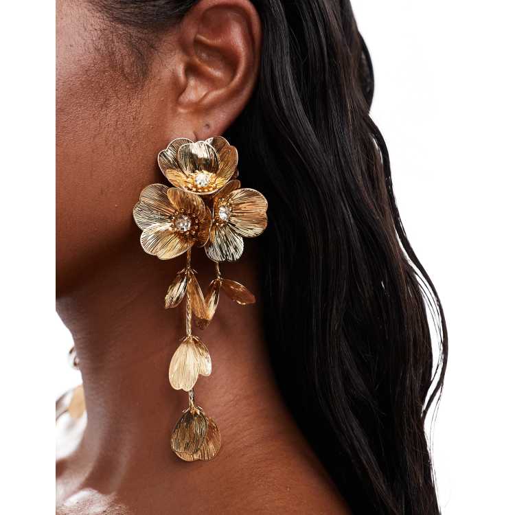 ASOS Design Drop Earrings with 3D Floral Design in Gold Tone