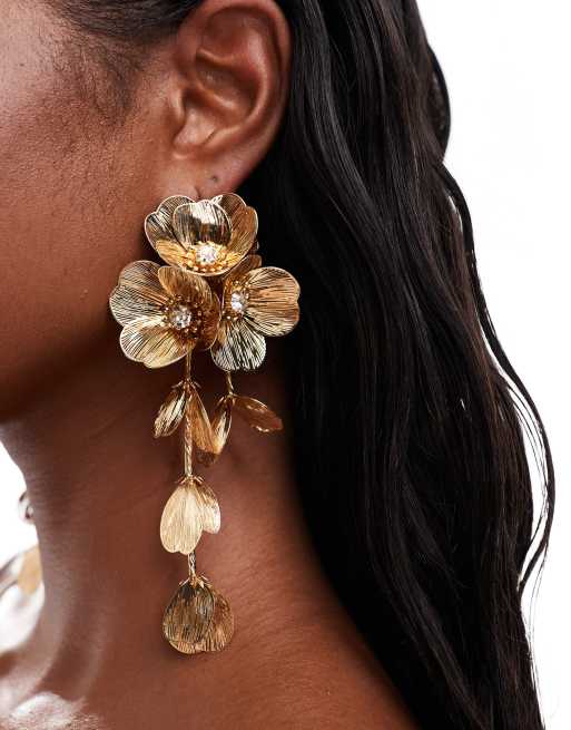  ASOS DESIGN drop earrings with 3D floral design in gold tone