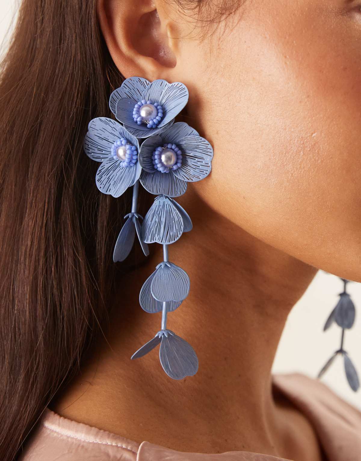 ASOS DESIGN drop earrings with 3D floral design in light blue