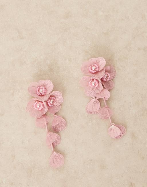 ASOS DESIGN drop earrings with 3D floral design in light pink