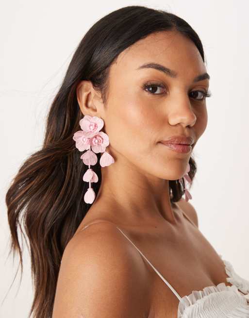 ASOS DESIGN drop earrings with 3D floral design in light pink