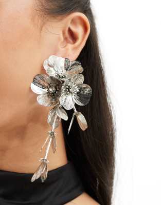 ASOS DESIGN drop earrings with 3D floral design in silver tone