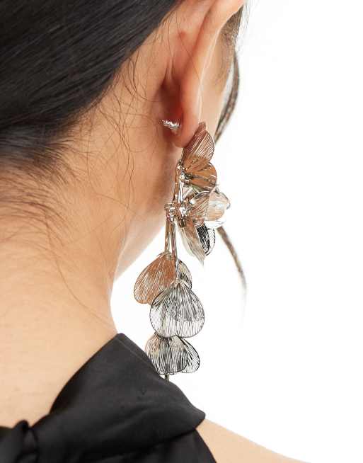 ASOS DESIGN drop earrings with 3D floral design in silver tone ASOS