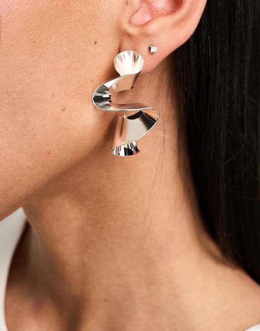 ASOS DESIGN drop earrings with abstract wiggle design in silver tone